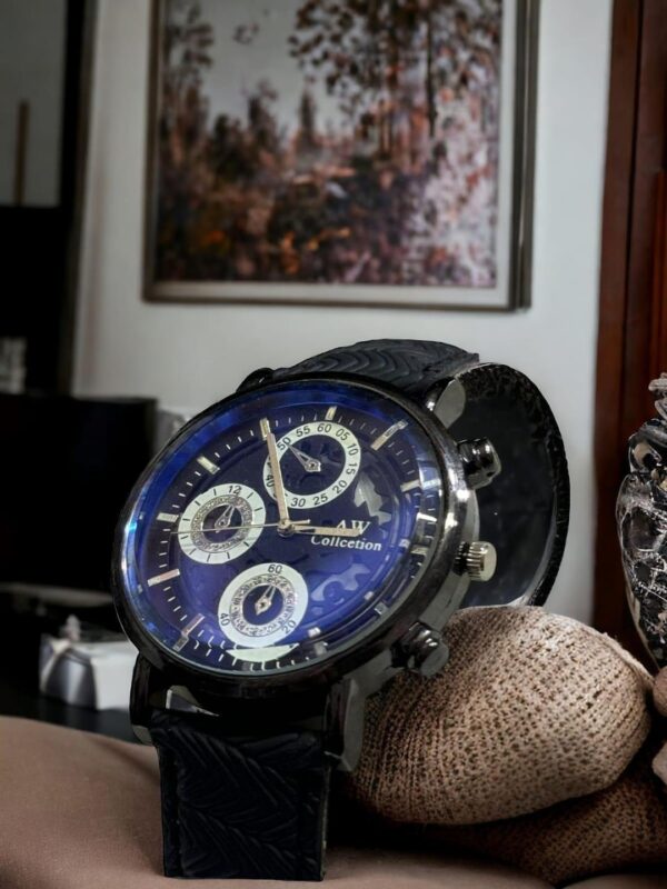 Men's Black & Blue Leather Analogue Watch with Textured Strap