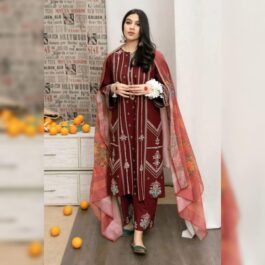 Royal Glam Maroon Embroidered 3Pc Dhanak Suit – Premium Unstitched