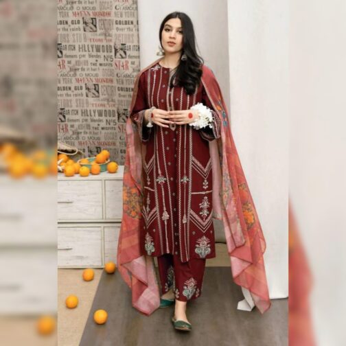 Scentique Style Royal Glam Maroon 3pc Dhanak suit front view