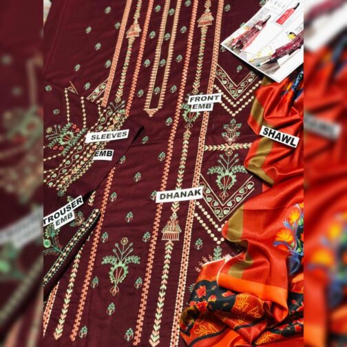 Embroidered unstitched Dhanak suit with pashmina zari dupatta