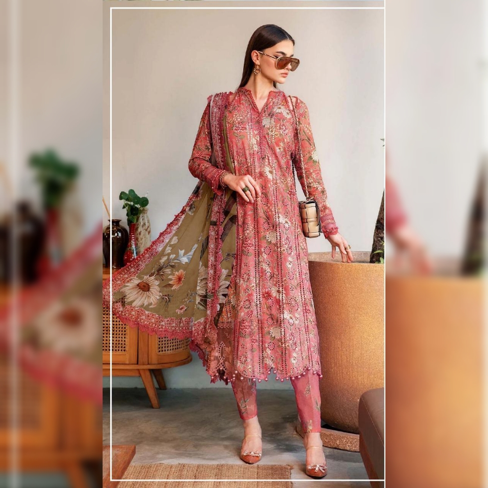 Maria B inspired peach lawn suit with printed shirt and bamber dupatta