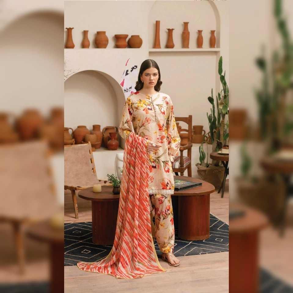 Baroque Luxury Lawn off-white 3pc unstitched suit by Scentique Style