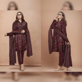 Saya 3Pc Lawn Eid Suit – Rich Green & Maroon Printed | Scentique Style
