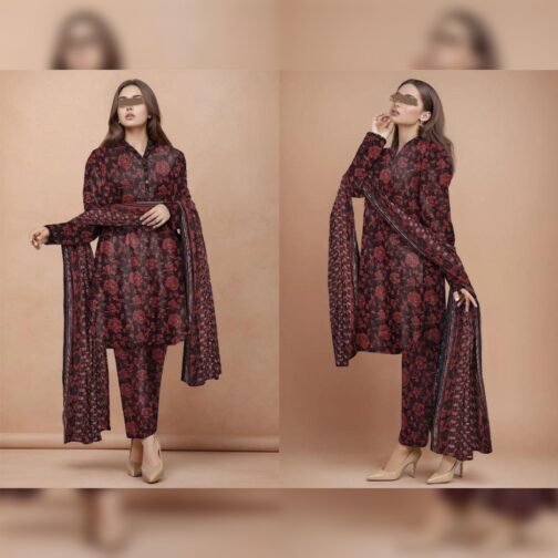 Saya Eid green and maroon 3pc printed lawn suit by Scentique Style