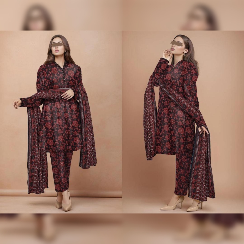 Saya Eid green and maroon 3pc printed lawn suit by Scentique Style