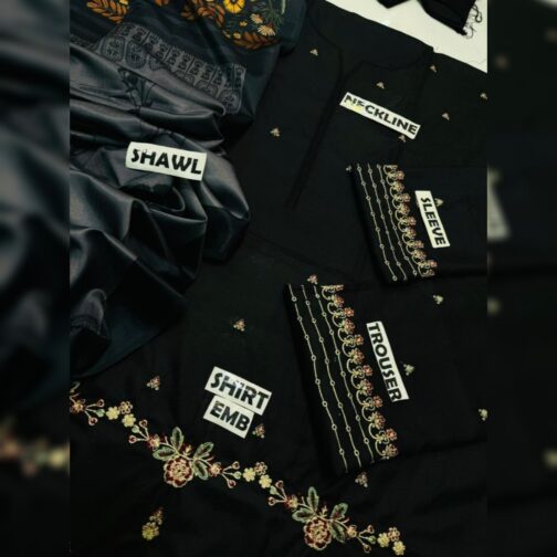 Luxurious black unstitched Eid outfit with embroidered shirt and trouser