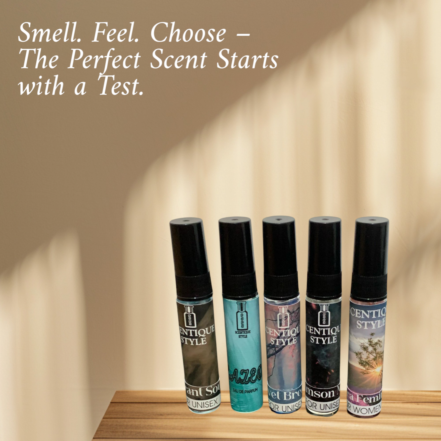 Scentique 5-in-1 perfume tester pack with luxury mini bottles